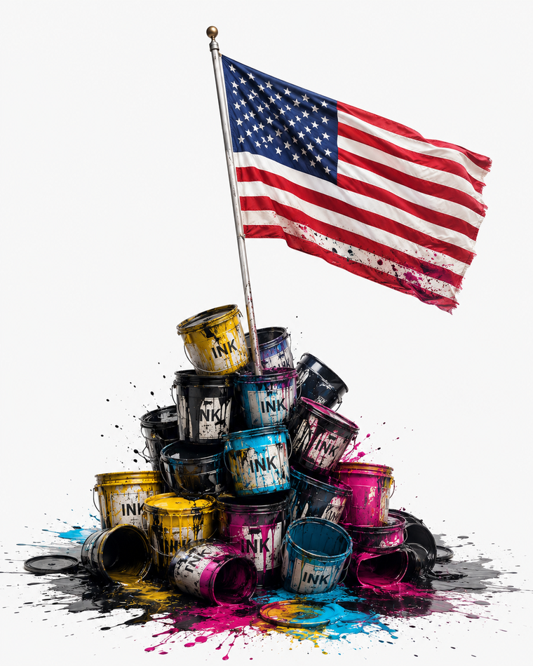 J.M. Fry Inks American flag and ink pail